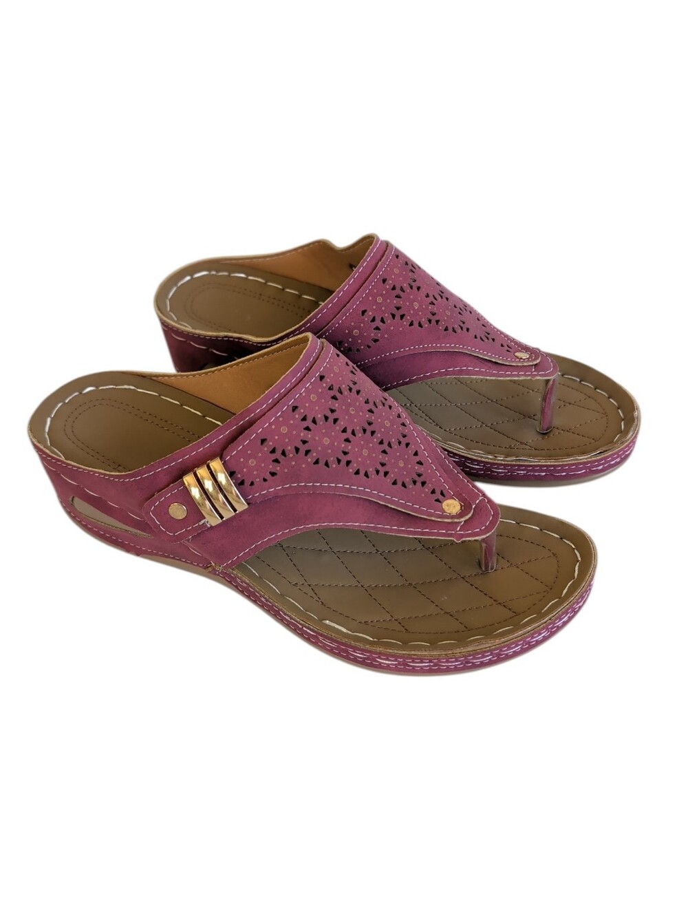 Faux Leather Geometric Cut Out Thong Sandals EU 37 Pink Purple Mauve
